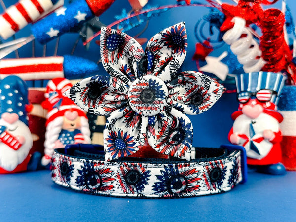 Patriotic sunflower dog collar flower/ floral girl dog collar/ 4th of July independence day collar/ Memorial day collar/ female usa collar