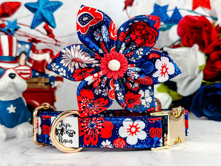 Patriotic floral rose dog collar flower/ cute girl dog collar/ 4th of July dog collar/ summer USA female dog collar/ Memorial day collar
