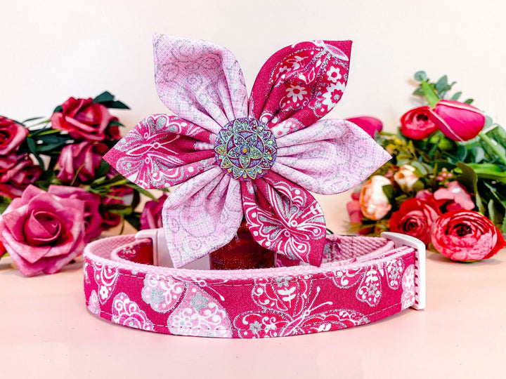 Dog collar with flower - Pink Glitter Butterfly