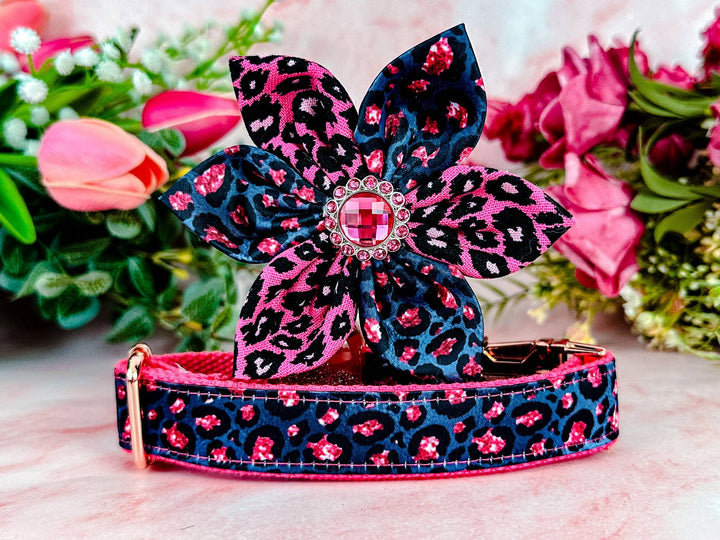 Dog collar with flower - Black pink leopard
