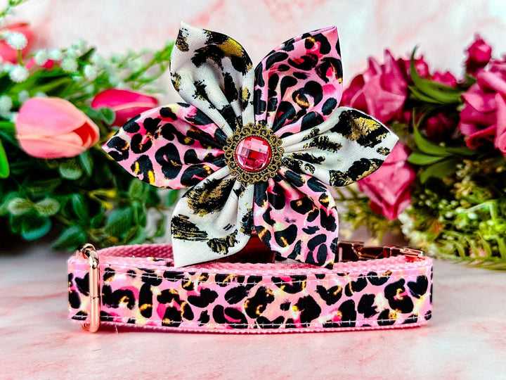 Dog collar with flower - Pink and gold leopard