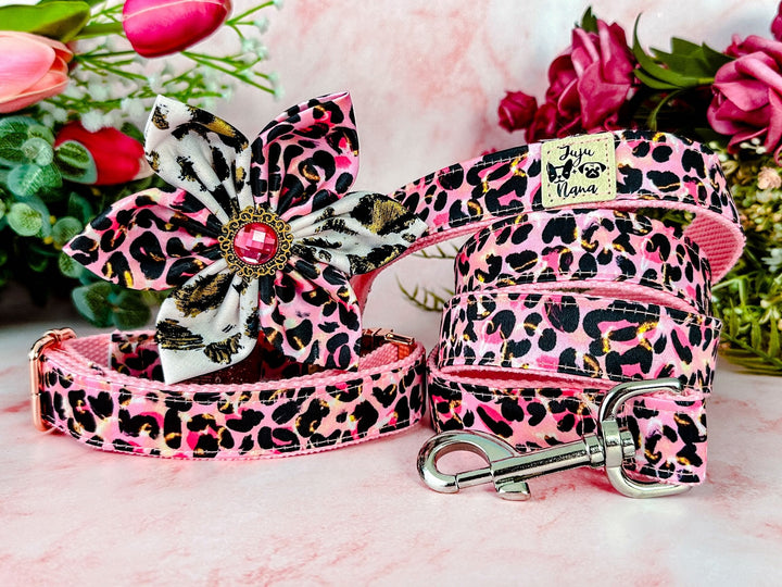 Dog collar with flower - Pink and gold leopard