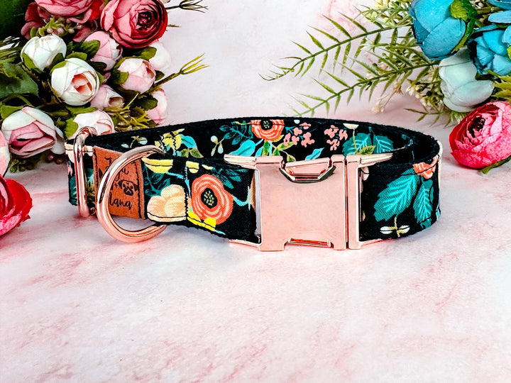 Girl Floral dog collar/ rifle paper co/ black flower dog collar/ fall autumn collar/ small large dog collar/ boho fabric puppy collar