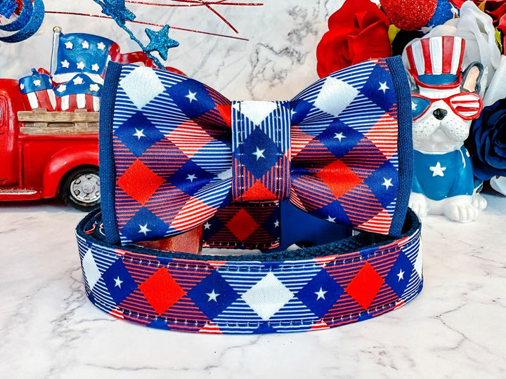 Patriotic plaid dog collar bow tie/ boy 4th of July dog collar/ star independence day collar/ small large collar/ tartan memorial day collar