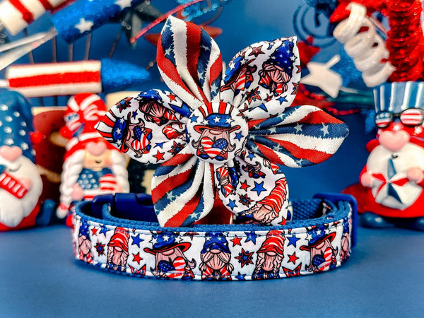 Patriotic gnome dog collar flower/ 4th of July Girl dog collar/ cute star collar/ large small puppy dog collar/ Memorial day dog collar