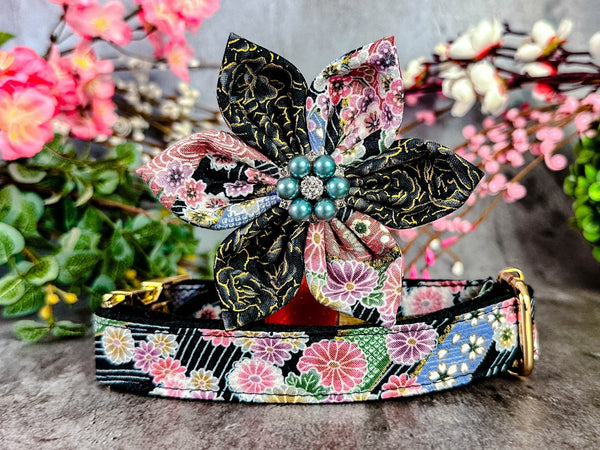 Dog collar with flower - Japanese Kimono black stripe