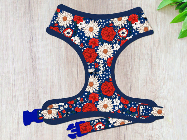 Patriotic floral dog harness vest/ boho daisy flower dog harness/ 4th of july girl dog harness/ memorial day harness/ spring summer harness