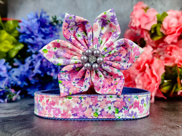 Purple and pink floral dog collar with flower