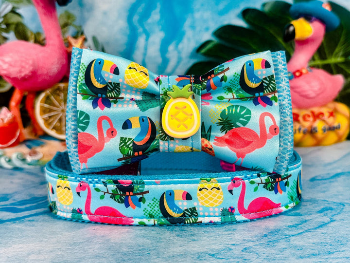 Dog collar with bow tie - Toucan, Pineapple, and Flamingo