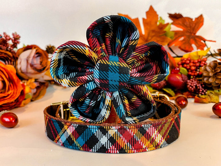 Dog collar with flower - Autumn Tartan