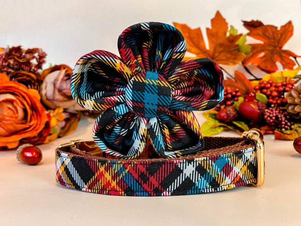 Dog collar with flower - Autumn Tartan