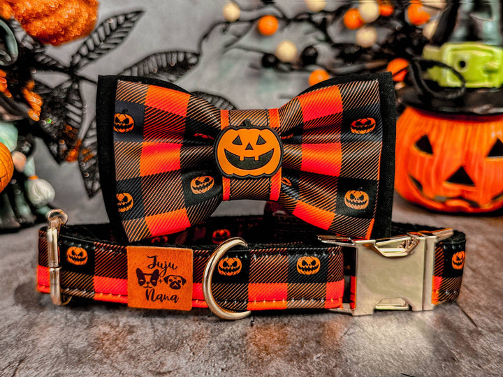Halloween dog collar with bow tie - Plaid and Pumpkin