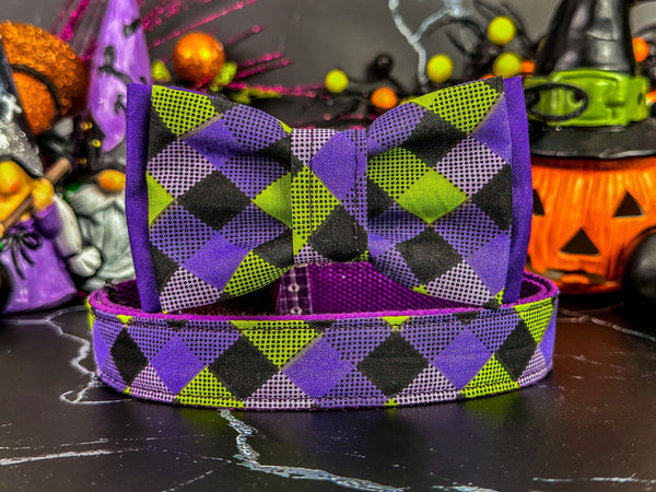 Halloween dog collar with bow tie - Purple Green Plaid