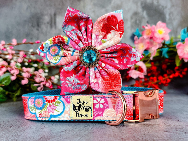 Japanese kimono dog collar with flower - Pink Sakura