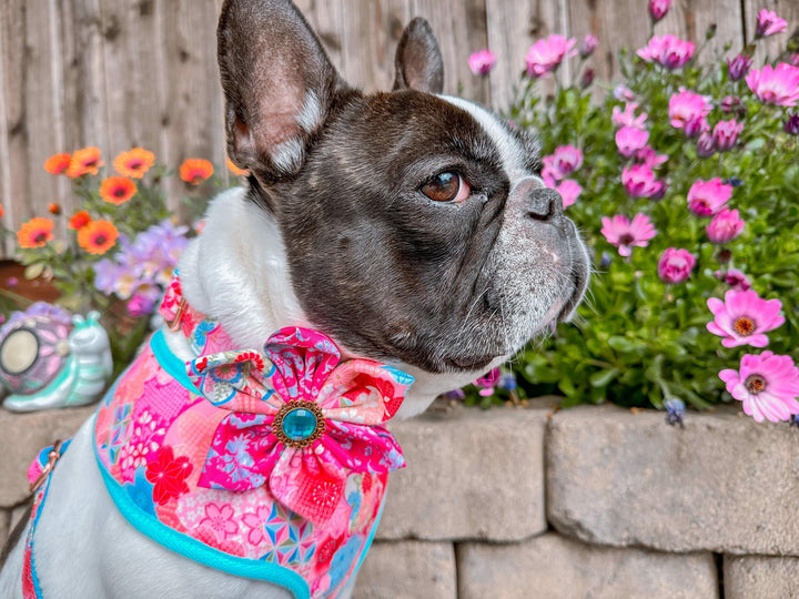 Japanese kimono dog collar with flower - Pink Sakura