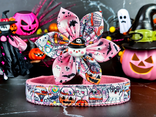 Halloween dog collar with flower - Pink retro ghost party