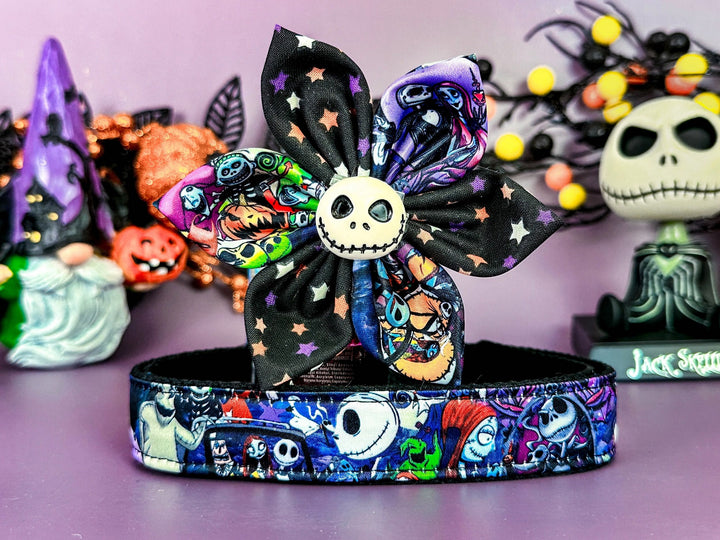 Halloween dog collar flower/ spooky ghost dog collar/ cute girl dog collar/ large small dog collar/ puppy collar/ designer fabric collar