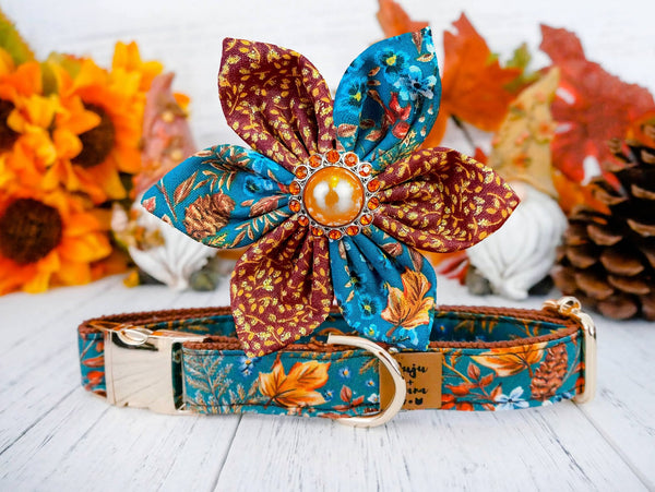 Autumn leaves dog collar with flower