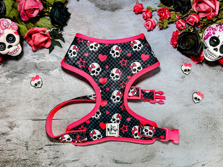 Halloween Sugar skull dog harness leash set/ Day of the Dead dog harness vest/ girl skeleton harness and lead/ cute plaid custom dog harness