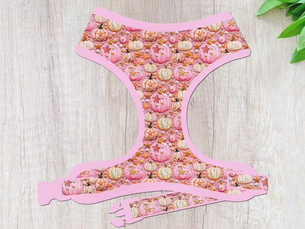Dog harness - Pink Autumn Embroidery Pumpkin patch
