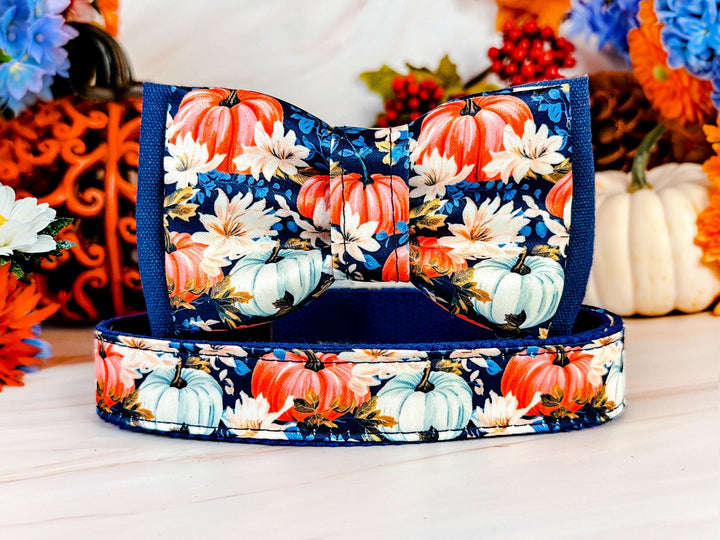 Dog collar with bow tie - Autumn Pumpkin and flowers