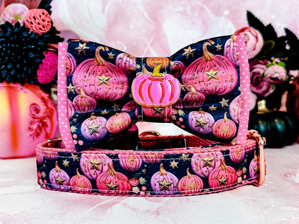 Dog collar with bow tie - Autumn Embroidery Pumpkin patch