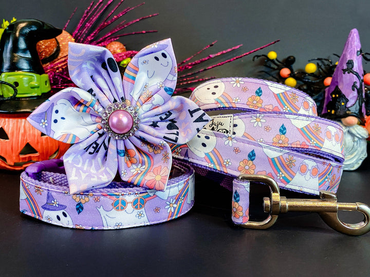 Halloween dog collar with flower - retro ghost party