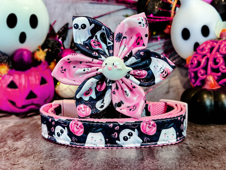 Pink Halloween ghost dog collar flower/ spooky pumpkin dog collar