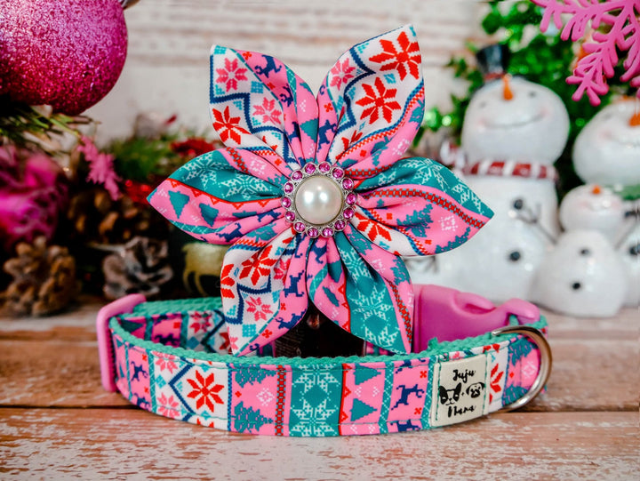 Pink Christmas dog collar with flower - pink ugly sweater
