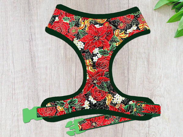 Christmas dog harness - Metallic Poinsettias and roses