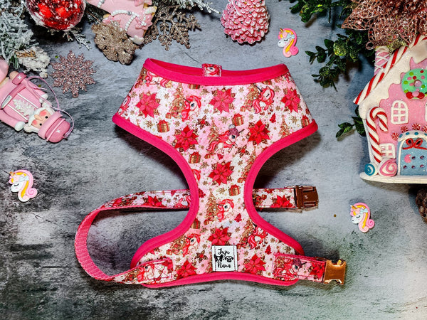 Christmas dog harness - Pink Unicorn and poinsettia