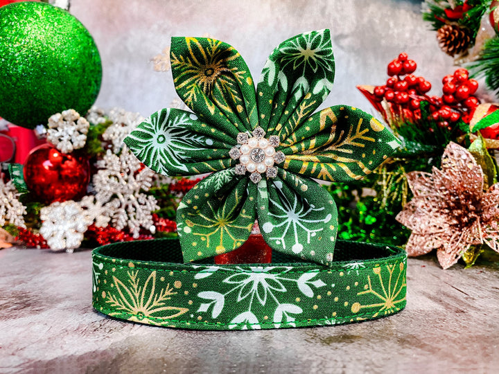 Christmas green glitter snowflake dog collar with flower