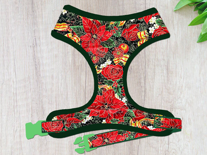 Christmas dog harness - Metallic Poinsettias and roses