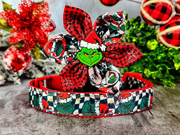 Christmas plaid dog collar flower - Green monster