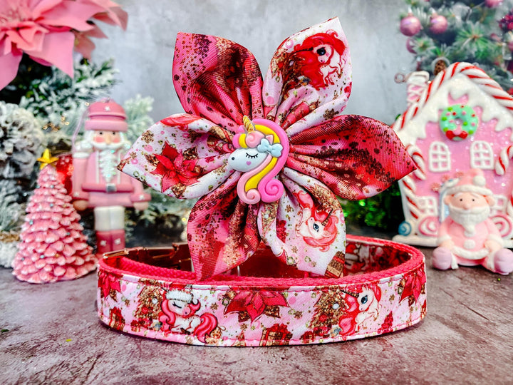 Dog collar with flower - Christmas Pink Unicorn