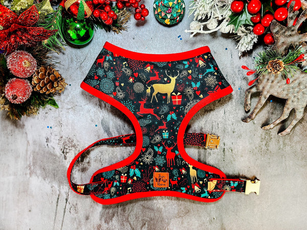 Christmas dog harness - reindeer - Red trim