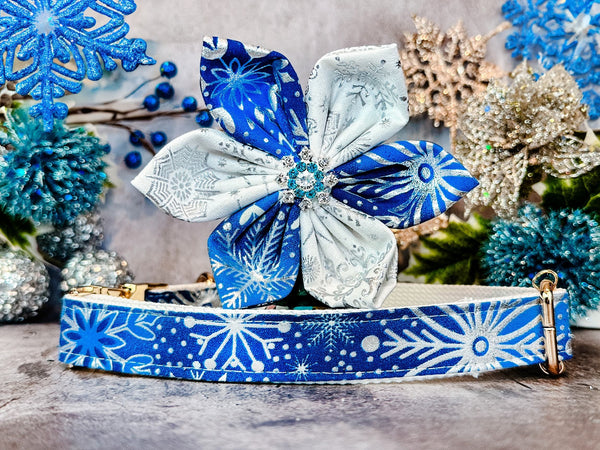 Christmas glitter snowflake dog collar Flower/ girl blue white dog collar