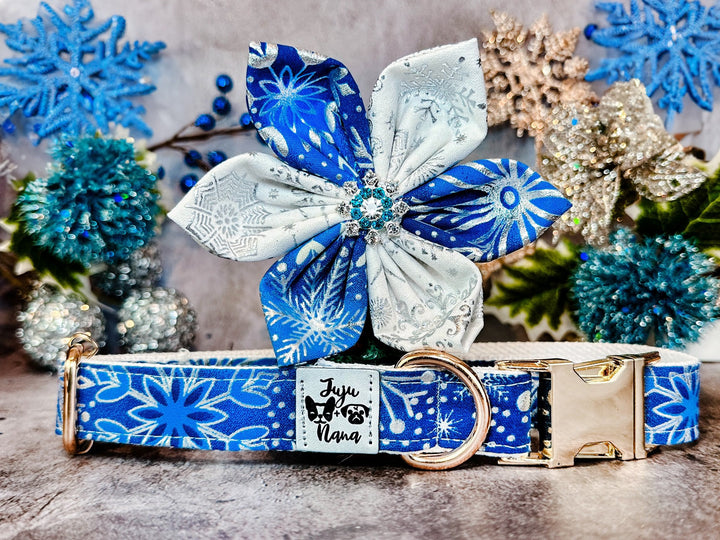 Christmas glitter snowflake dog collar Flower/ girl blue white dog collar