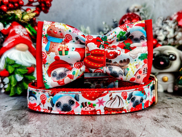 Christmas pug dog collar bow tie/ cute boy dog collar/ holiday winter collar/ small medium dog collar/ designer puppy collar/ fabric collar