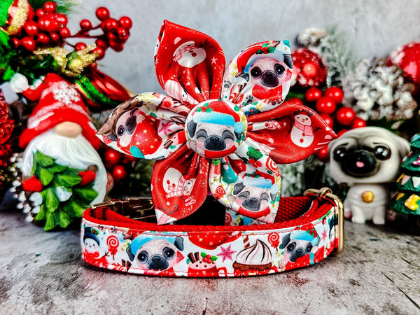 Christmas Pug dog collar flower/ girl dog puppy collar/ cute holiday dog collar/ small large dog collar/ designer fabric collar/ dog gift