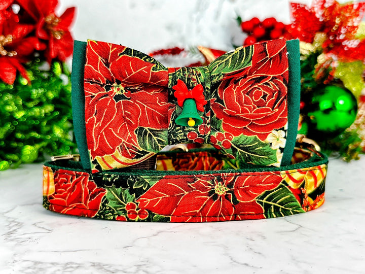 Christmas poinsettia dog collar bow tie/ jingle berries rose dog collar