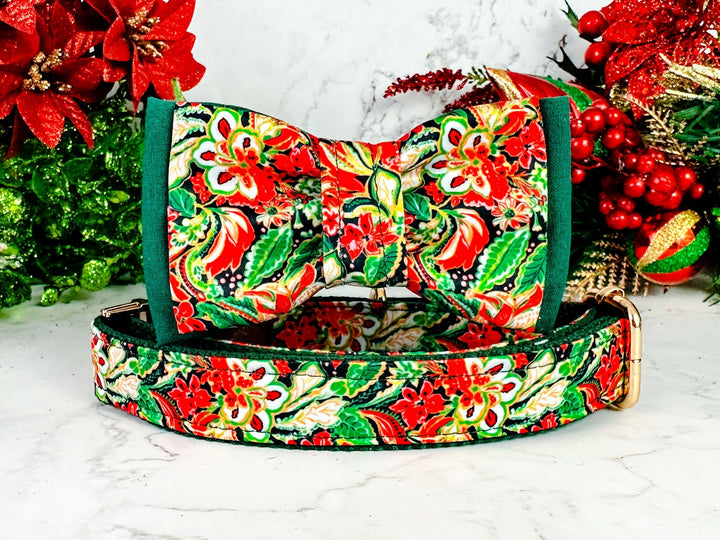 Christmas paisley dog collar bow tie/ poinsettia floral dog collar