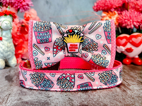 Valentine dog collar with bow tie - fries before guys