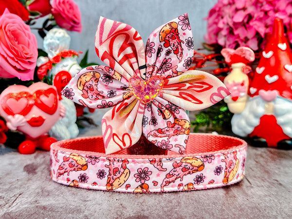 Valentine dog collar with Flower - Pizza and hearts