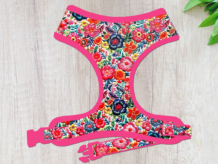 Dog harness - boho succulent and flowers - pink trim