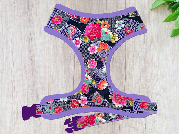 Floral dog harness vest/ Japanese flower dog harness/ Purple Kimono dog harness/ small medium dog harness/ designer fabric dog harness