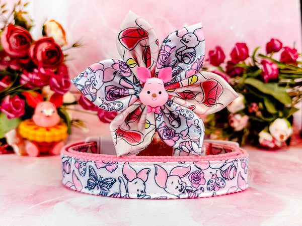 Piggy dog collar with flower/ rose flower dog collar/ floral pig dog collar/ ballet girl dog collar/ spring pink dog collar/large small coll