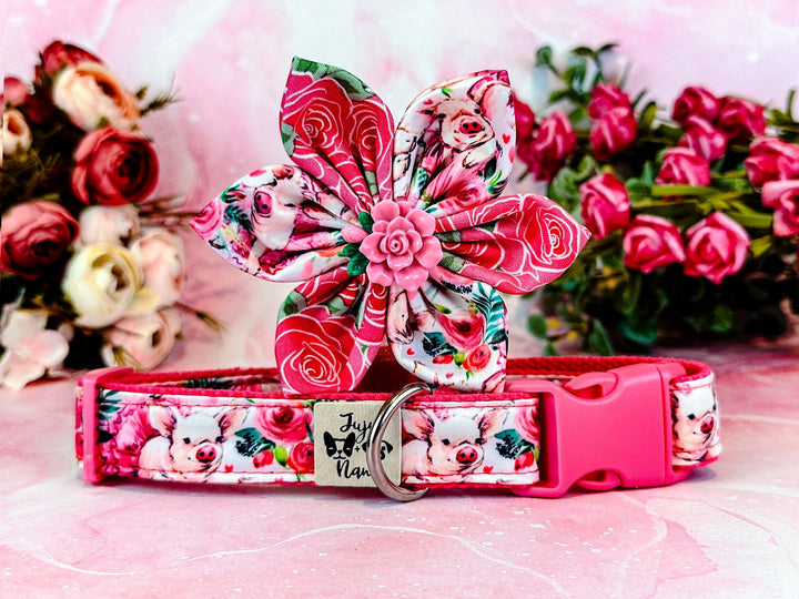 Piggy dog collar with flower/ rose flower dog collar/ floral pig dog collar/ ballet girl dog collar/ spring pink dog collar/large small coll